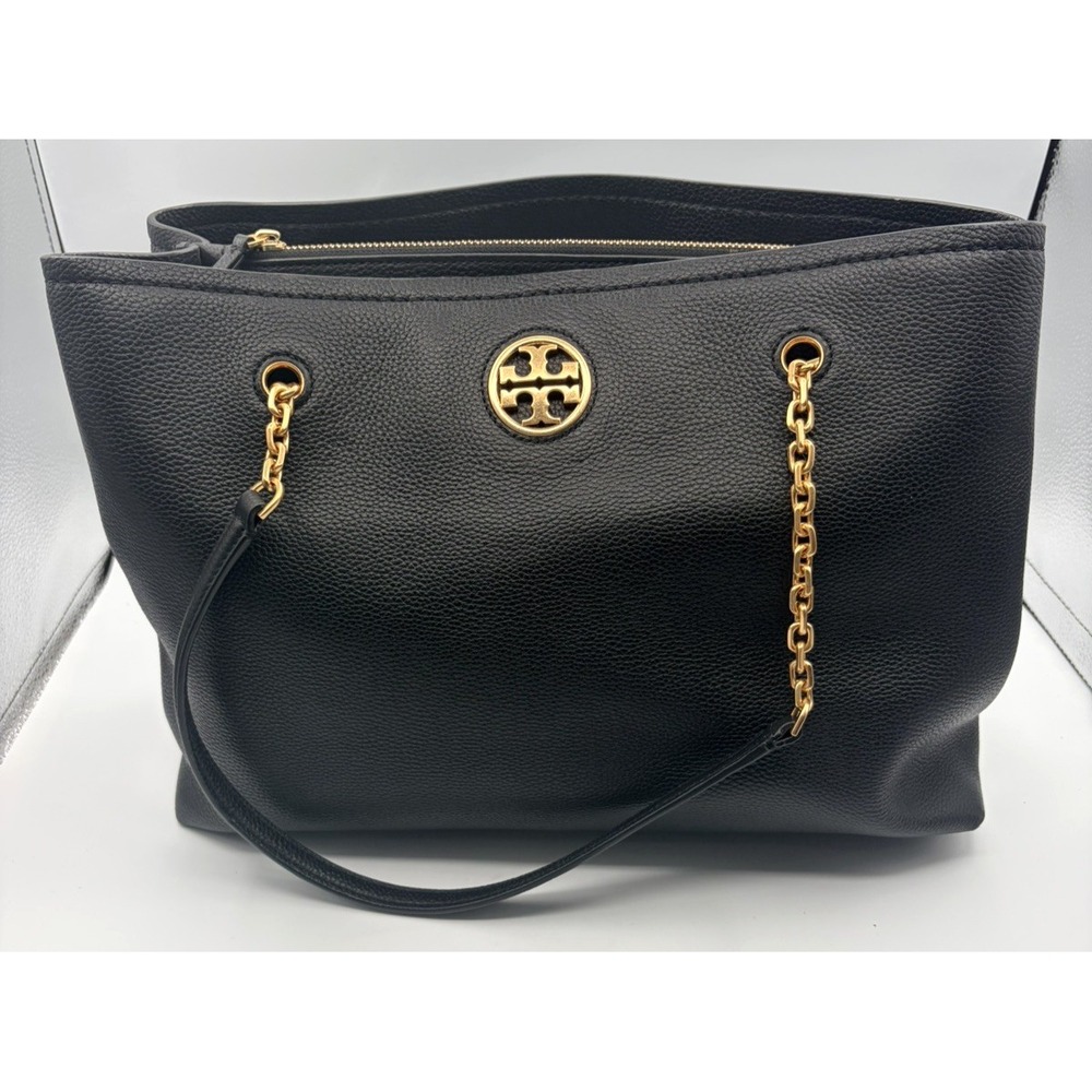 Tory Burch Carson Tote Bag Women Large Black Excellent Pebbled Leather Chain